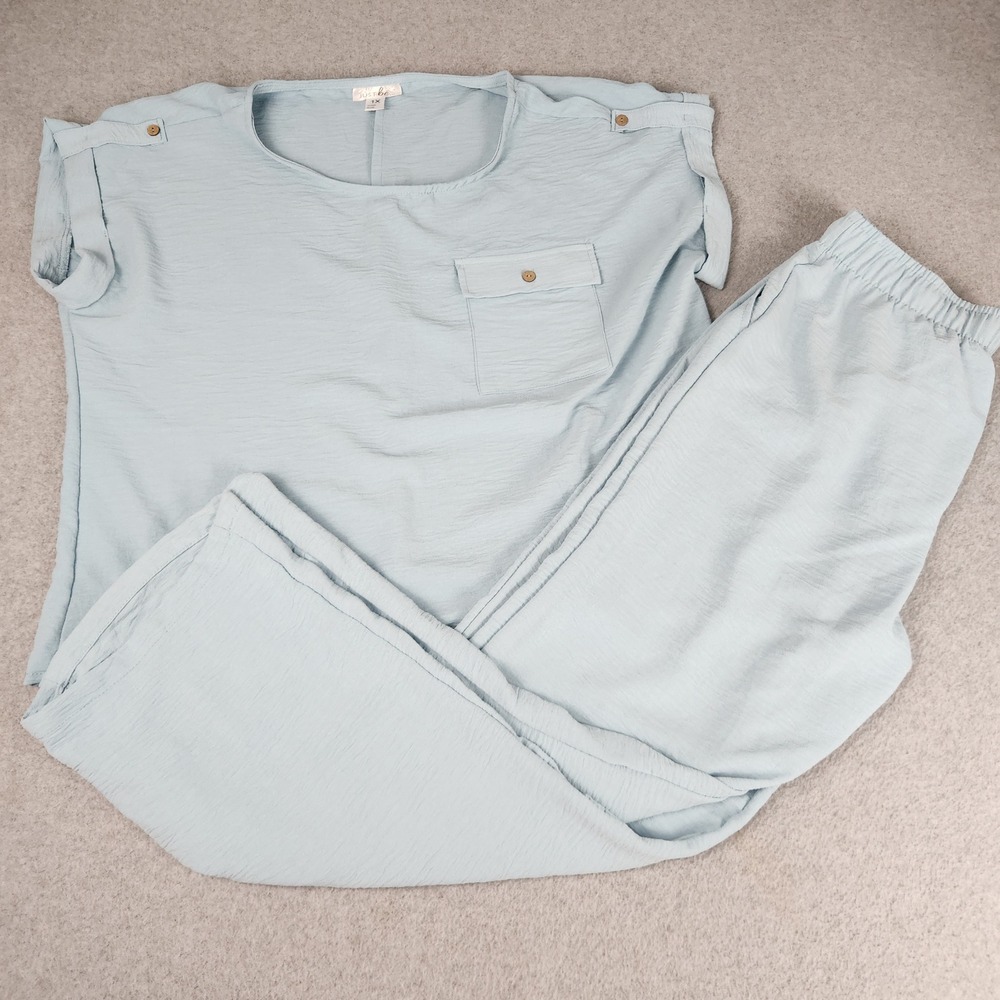 Just Be 2 Piece Set Women 1X/L Blue Textured Summer Drawstring Waist Relaxed Fit